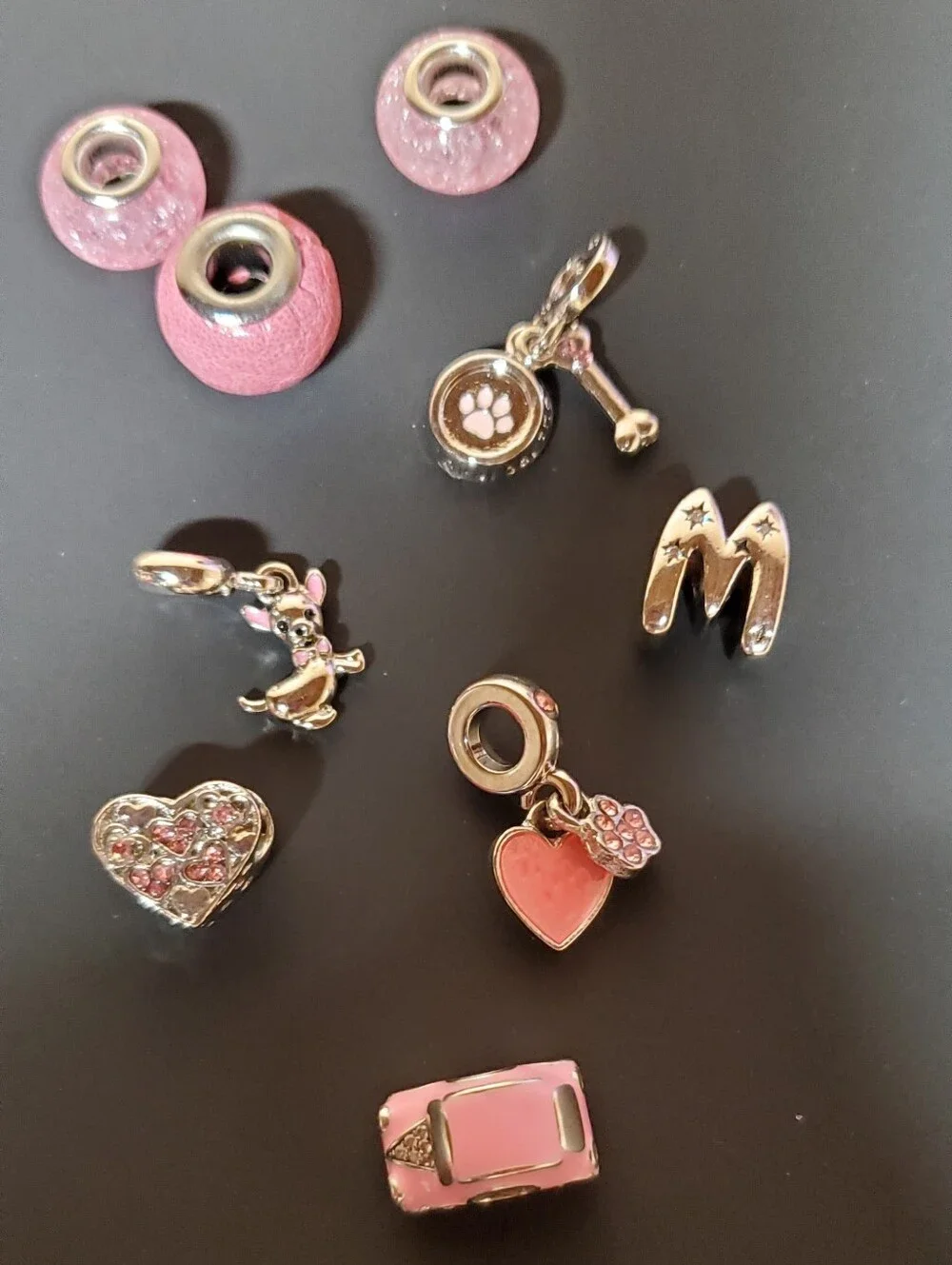 Lot of 9 Brand New Pink & Silver Tone European Charm Bead Dangles & Spacers